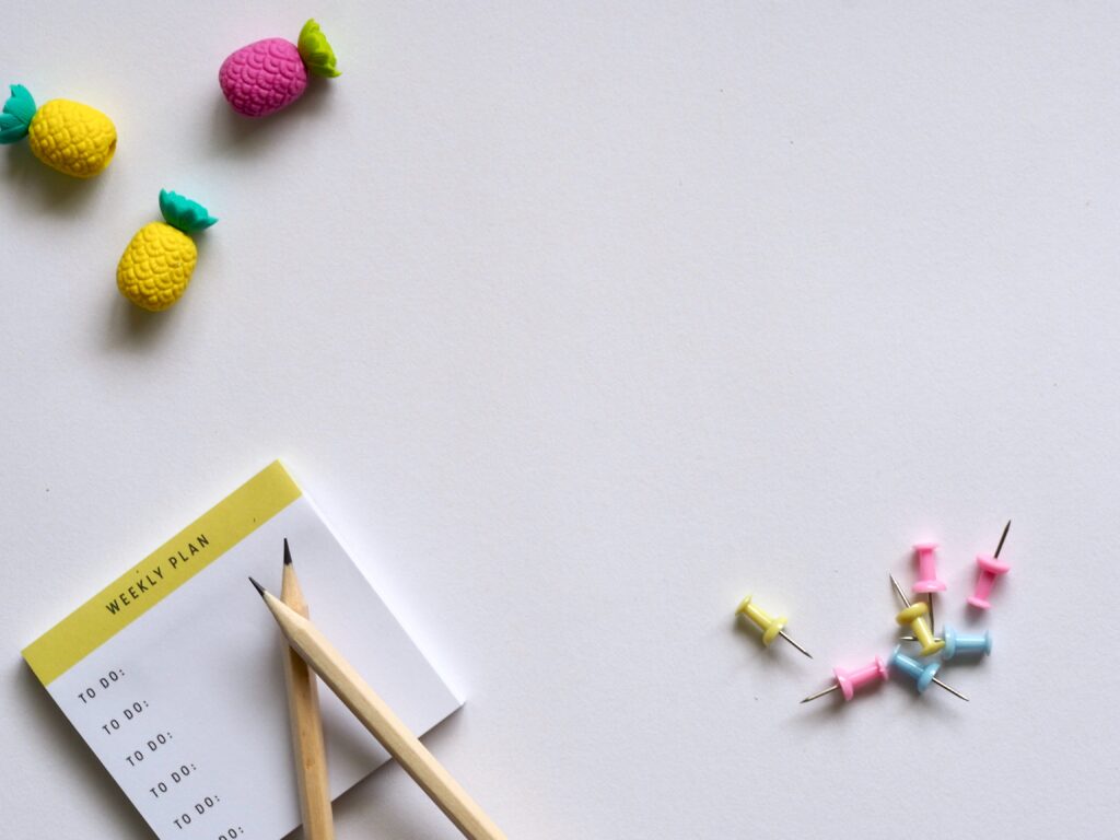 Erasers, notepad, pencils, and push pins.