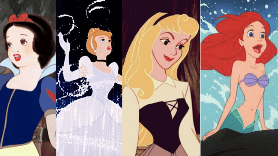 Disney princesses: snow white, cinderella, aurora, ariel
