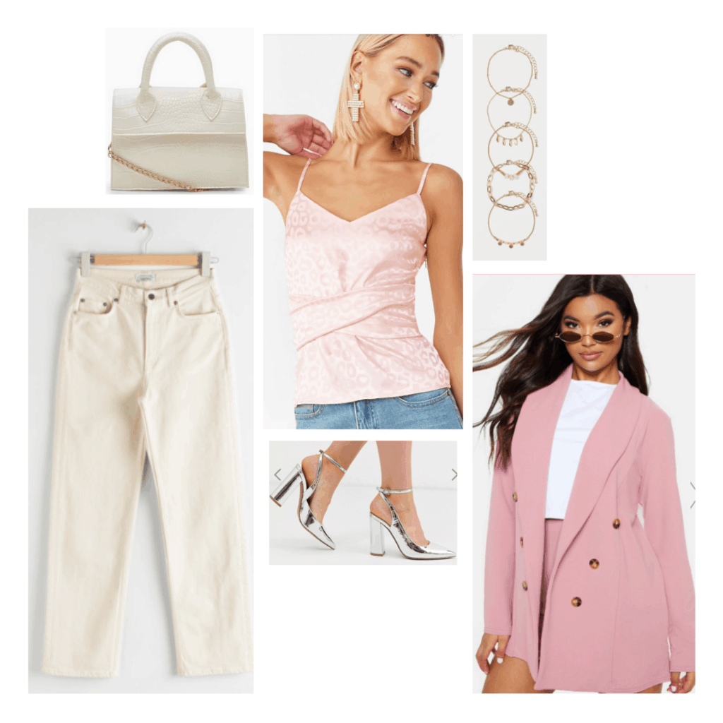 High school musical fashion: Outfit inspired by Sharpay Evans style with Cream jeans, pink top, pink blazer, silver heels and jewelry