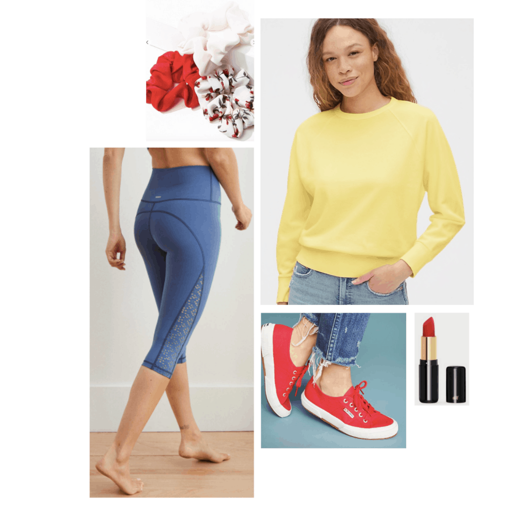 Snow white inspired athleisure outfit: yellow pullover, blue fabletics leggings, red sneakers