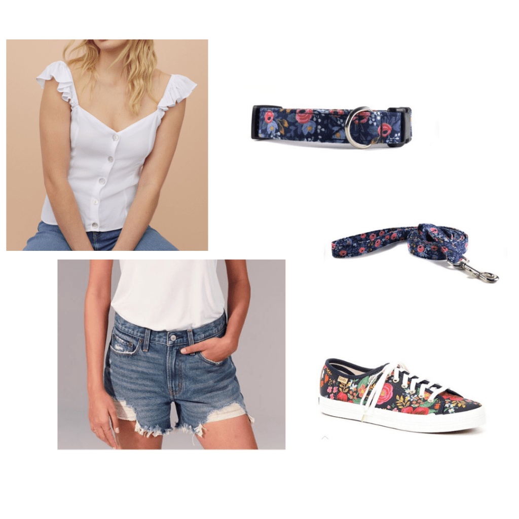 What to wear to walk your dog: H&M white tank to styled with A&F denim boyfriend jean shorts, Rifle Paper Co. Keds and Rifle Paper Co. dog collar and leash