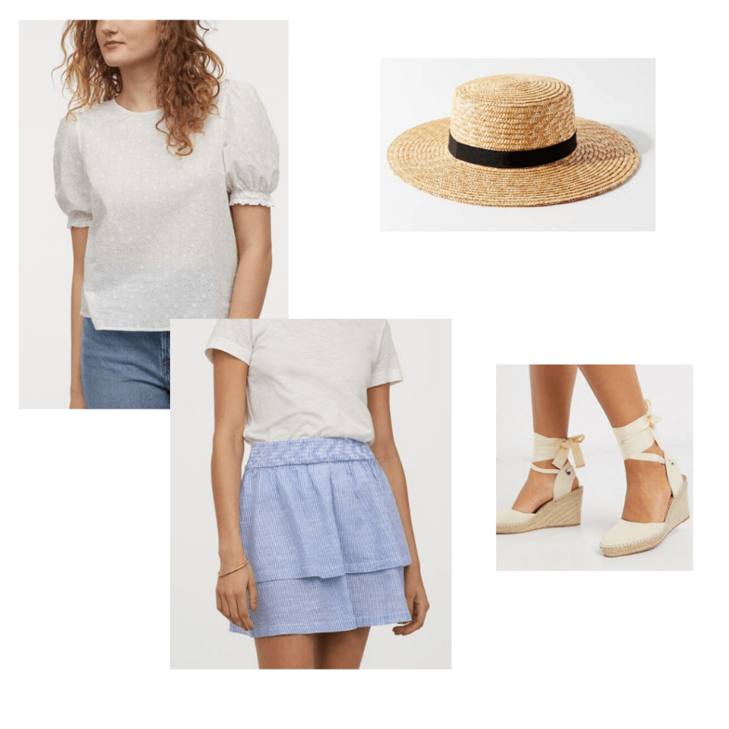 Mothers Day outfit: H&M white blouse and blue striped mini skirt with UO straw hat and ASOS espadrilles 