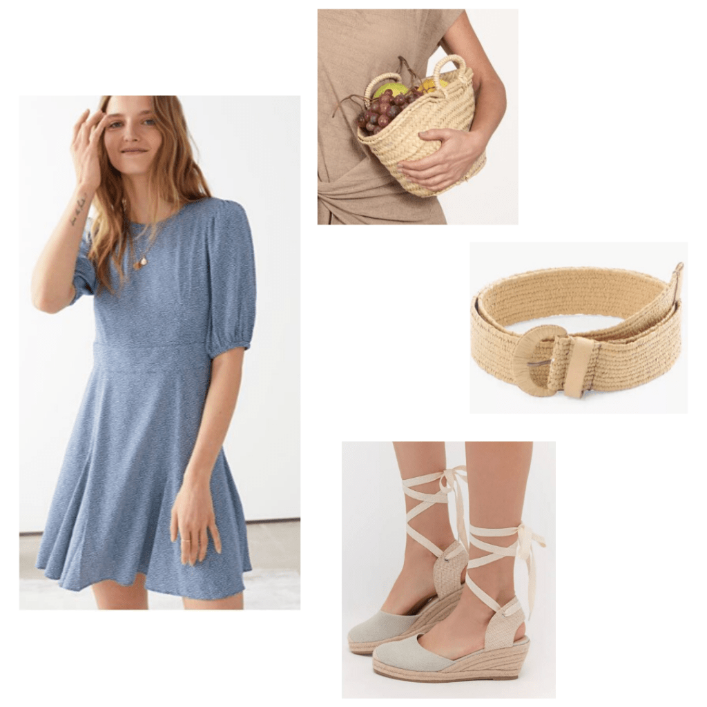 How to wear woven accessories: Outfit with & Other Stories blue dress, wicker mini tote, woven belt, espadrille wedges