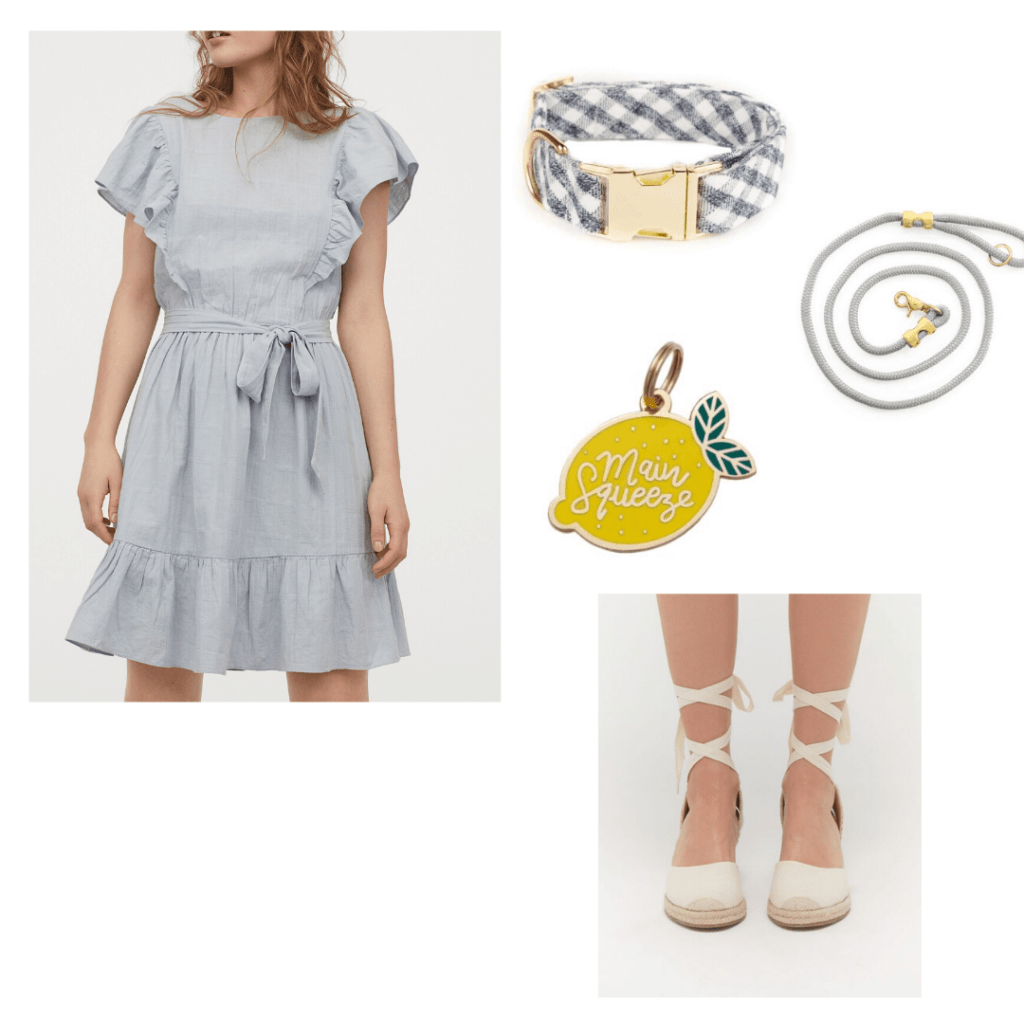 Dog walk outfit: H&M dress styled with Urban Outfitters espadrilles. Matching dog leash and collar from The Foggy Dogand lemon dog tag from Two Tails Pet Company 