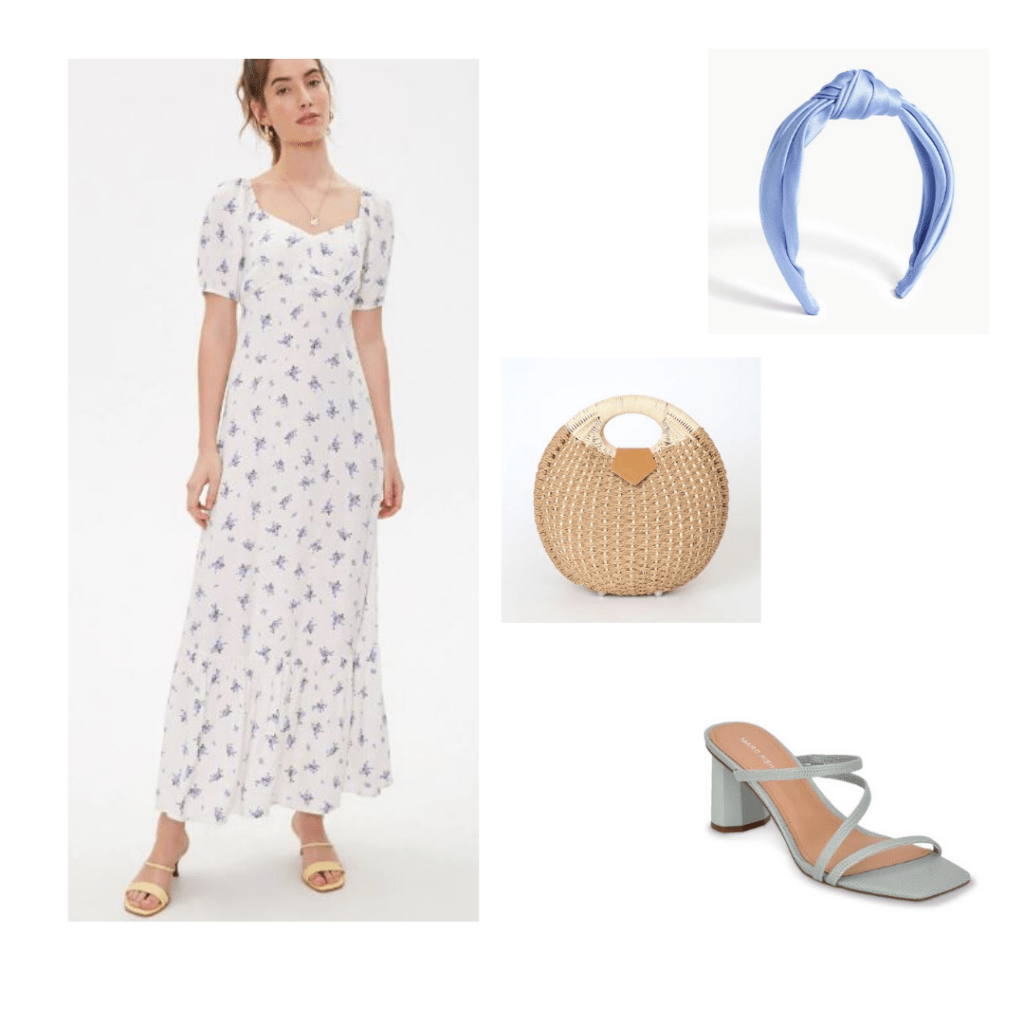 Forever 21 floral dress with snakeskin blue strappy heels, wicker purse, and turban headband 