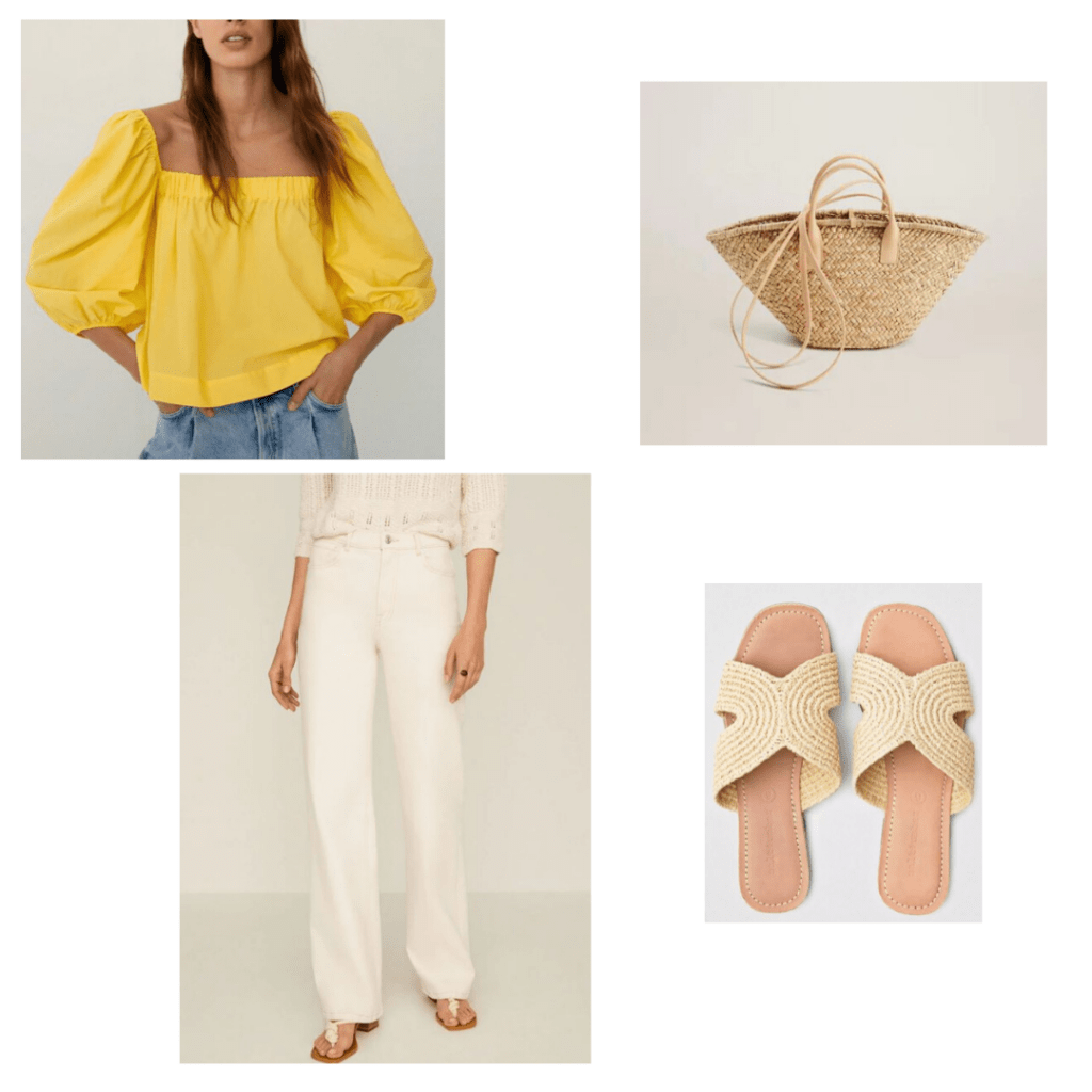 Mango yellow crop top, high waisted white jeans, and double strapped basket bag with Salt + Umber wicker slide sandals