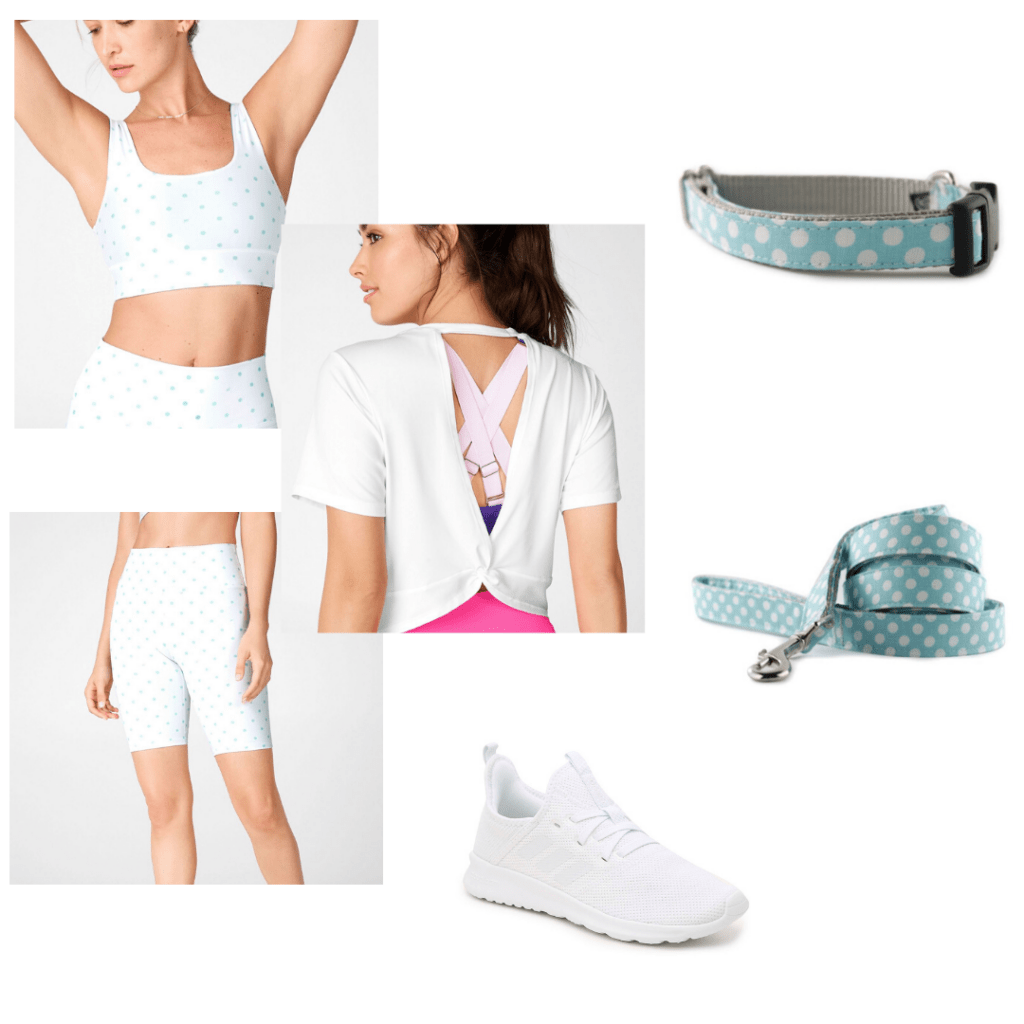 Fabletics matching polka dot bra and biking short with twist back t-shirt. Styled with Adidas white sneakers and matching polka dot dog collar and leash