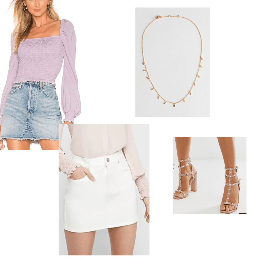 Mothers day outfit: Revolve smocked blouse, Express white denim mini skirt, & Other Stories necklace and ASOS heels