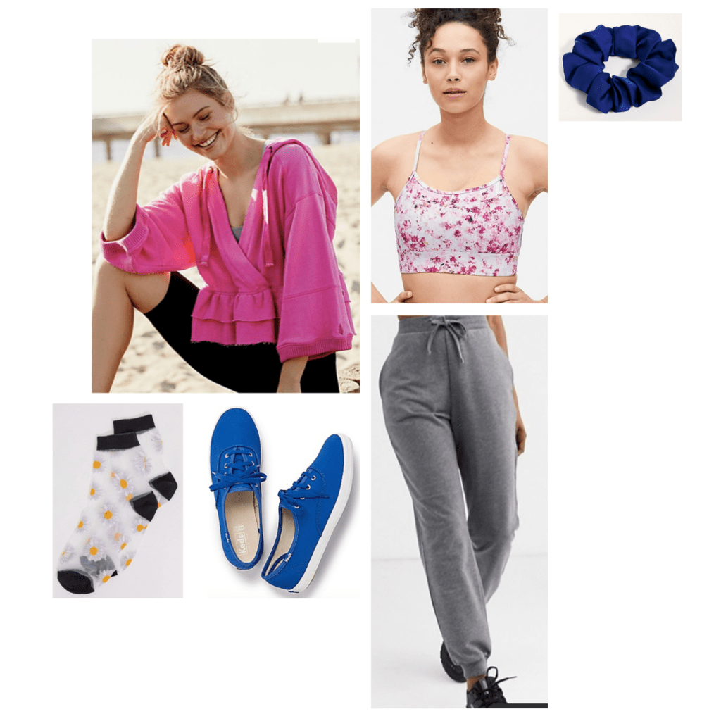 Loungewear look inspired by Disney Princess Anna: hot pink pullover, pink print bra, grey sweatpants, blue sneakers