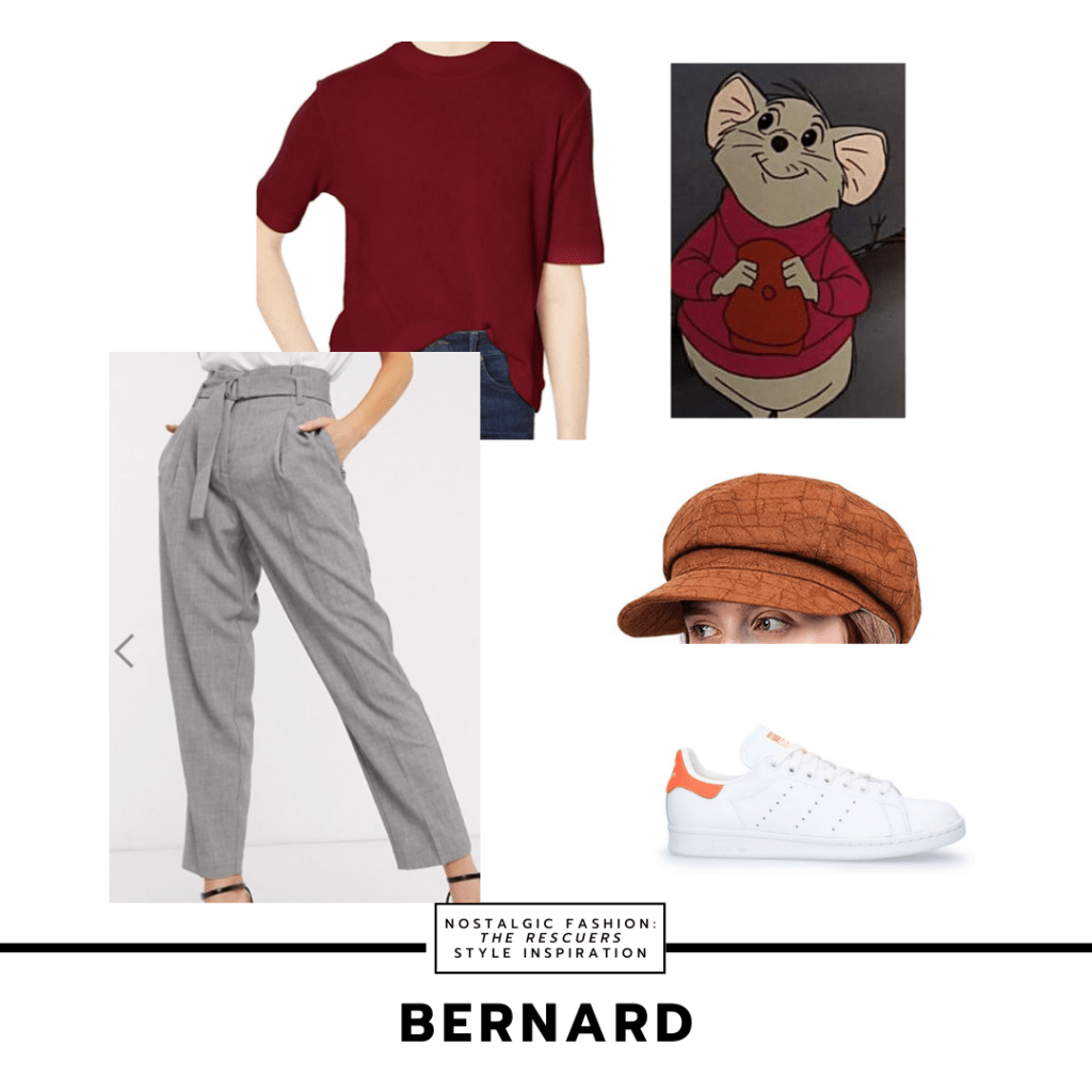 Outfit set inspired by Bernard's style from The Rescuers - gray trousers, dark red t-shirt, white sneakers, rust colored paper boy hat