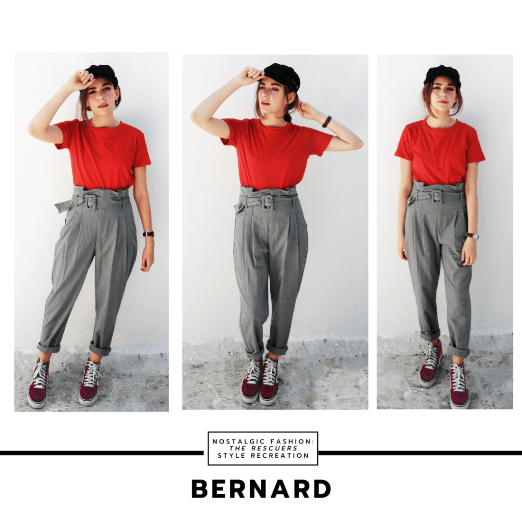 Disneybound outfit inspired by Bernard from The Rescuers - look with gray trouser pants, red cropped t-shirt, burgundy sneakers