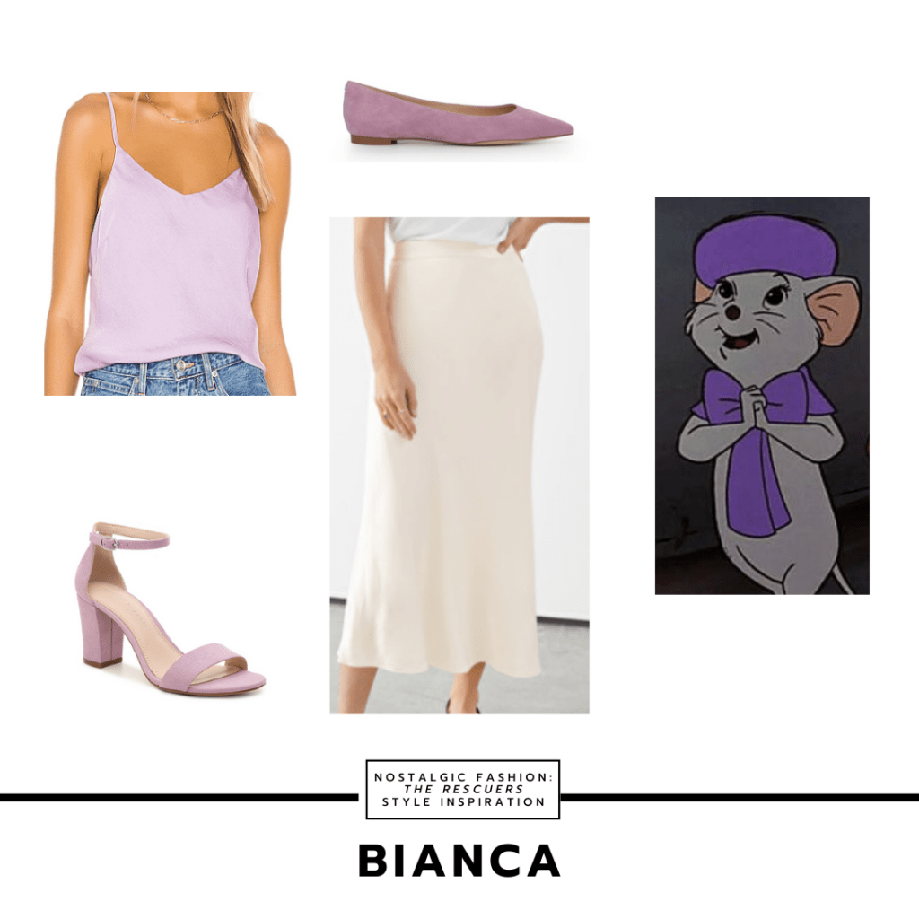 Disneybound outfit set inspired by Bianca's style from The Rescuers with lavender cami tank, cream colored skirt, lavender flats, and an alternate pair of lavender heels