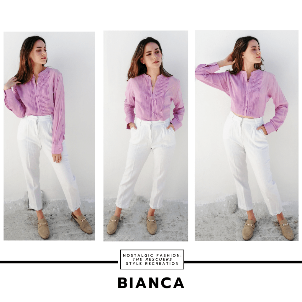 Disneybound outfit inspired by Bianca from The Rescuers with white pants, tan loafers, purple button-down shirt