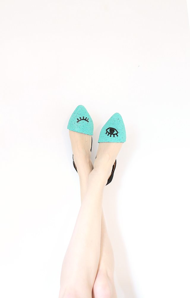 teal beaded flats with black eye detail