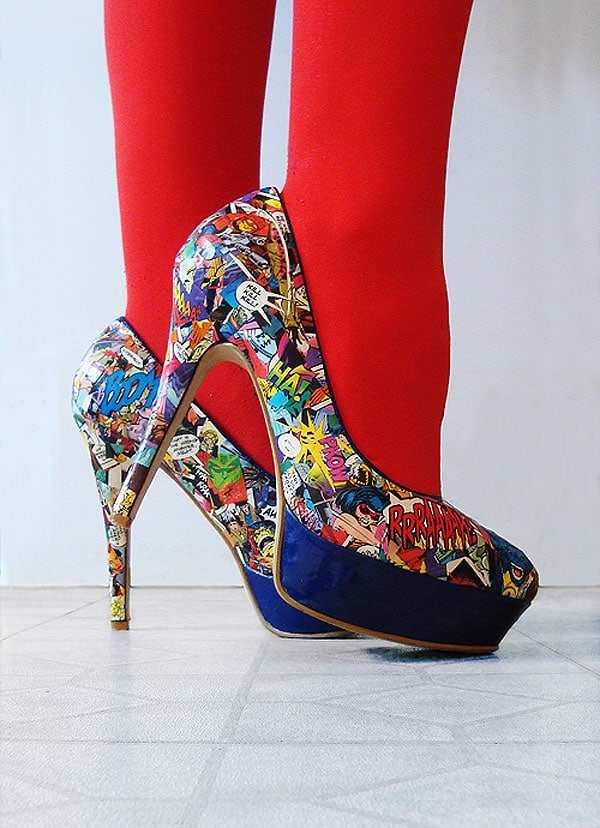 blue heels with comic books pages attached