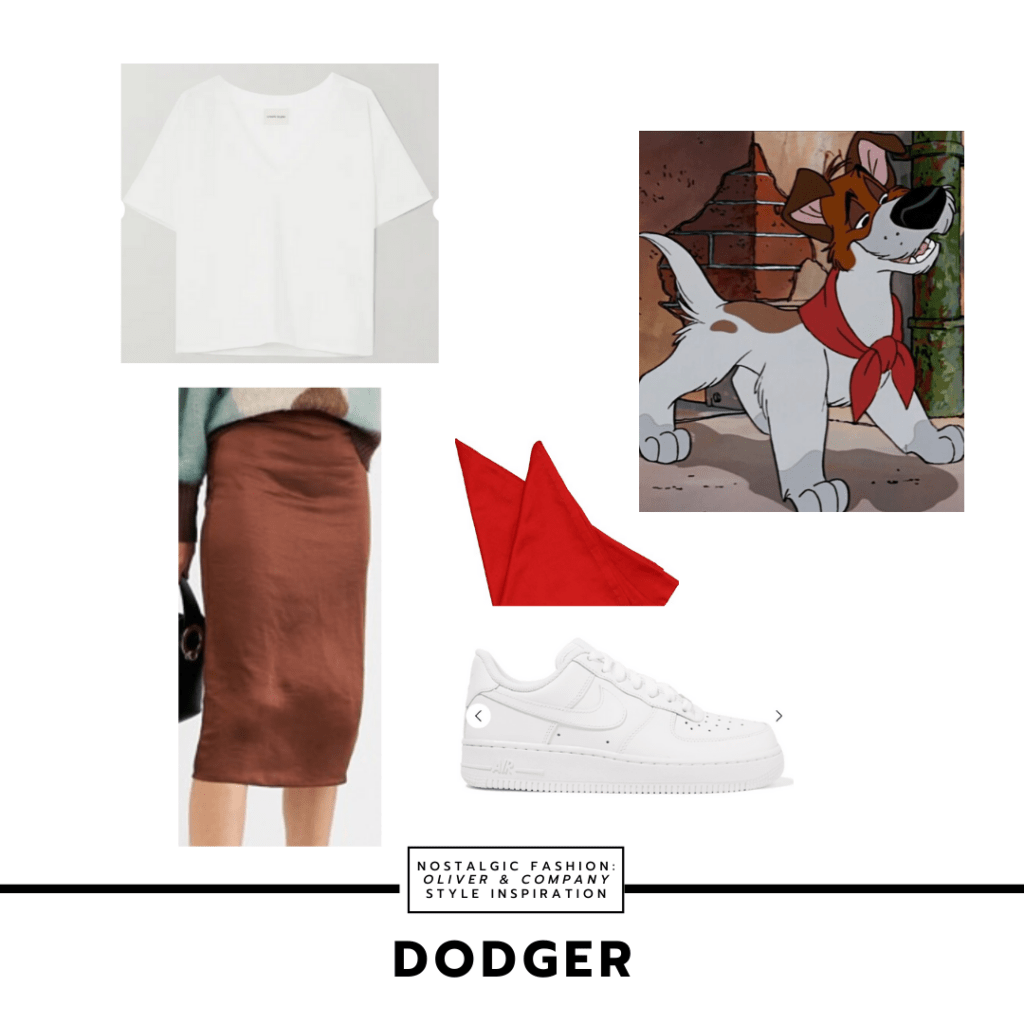 Disneybound outfit inspired by Dodger in Oliver & Company with brown midi skirt, Nike Air Force Ones, red bandana, white slouchy t-shirt