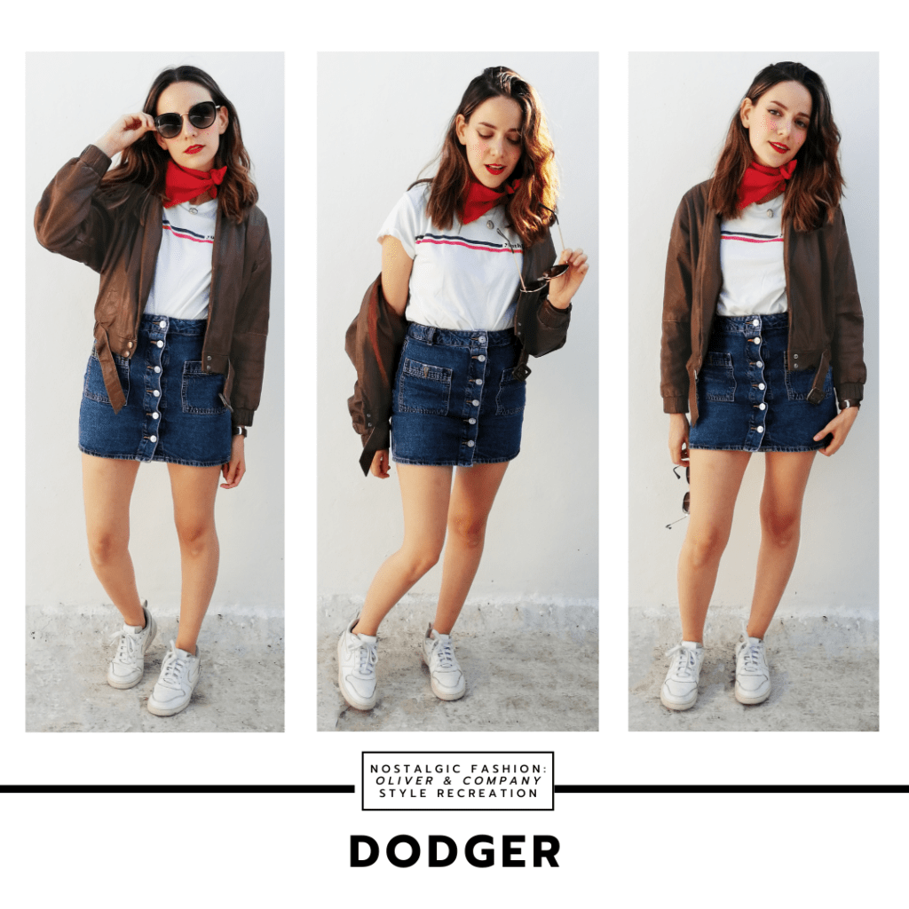 Oliver & Company fashion - Disneybound outfit inspired by Dodger from Disney's Oliver and Company with denim button front mini skirt, white printed t-shirt, red bandana, aviator jacket in brown, sunglasses