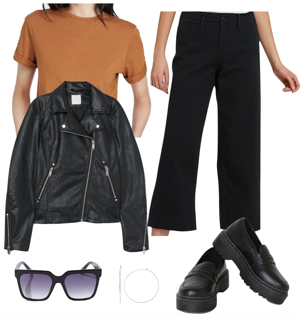 Dakota Johnson Outfit #1: black high rise wide leg cropped pants, platform loafers, black faux leather biker jacket, rust t-shirt, silver thin hoop earrings, black oversized sunglasses