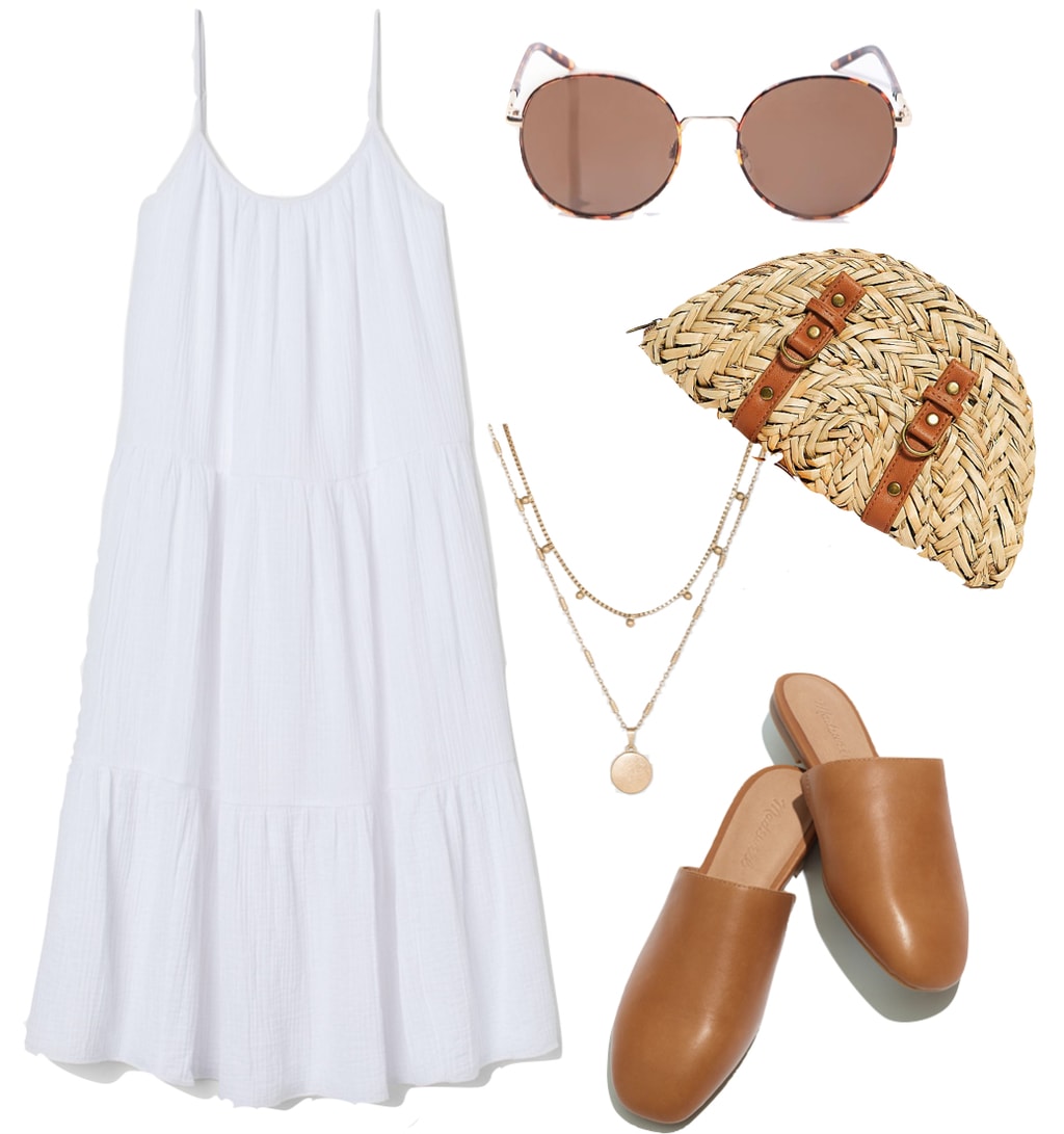 Dakota Johnson Outfit #2: tiered white long sun dress, tortoiseshell round sunglasses, straw clutch bag, gold layered necklace, and tan leather flat mules