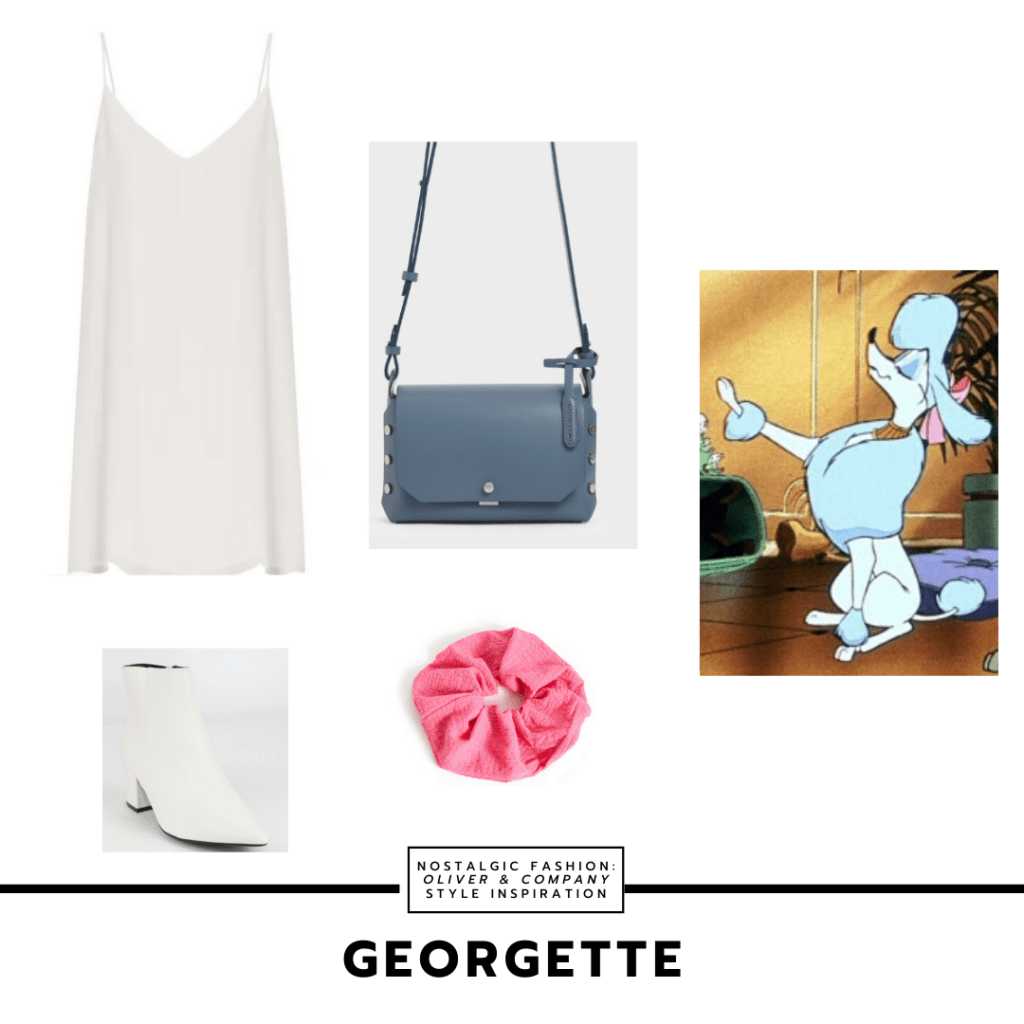 Outfit inspired by Georgette from Oliver and Company with white v-neck dress, white boots, pink scrunchie, blue purse