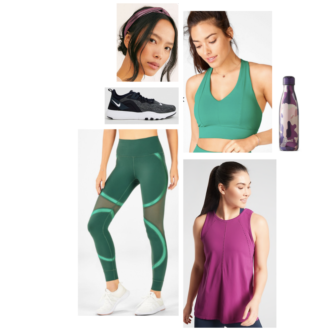 Activewear outfit inspired by Gamora: green long line sports bra, patterned green tights with sheet panels, pink tank, black sneakers