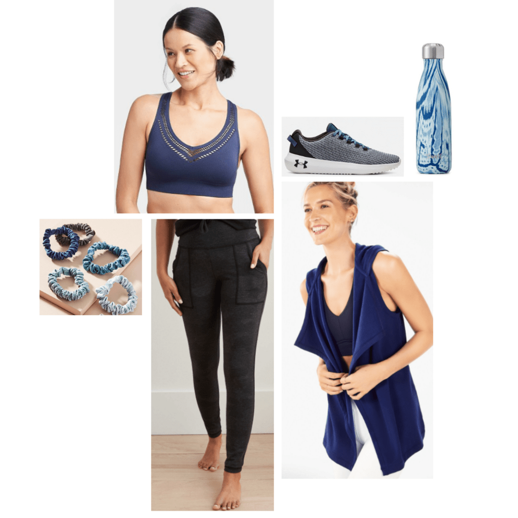 Activewear outfit inspired by Nebula: navy sports bra, grey lounge pants, navy vest, grey sneakers.