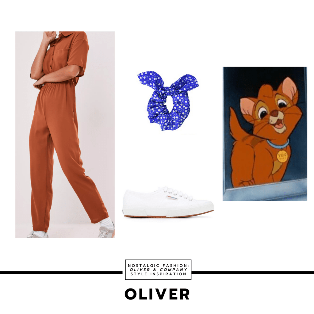 Disneybound outfit inspired by Oliver from Oliver & Company with brown jumpsuit, white sneakers, blue polka dot scrunchie