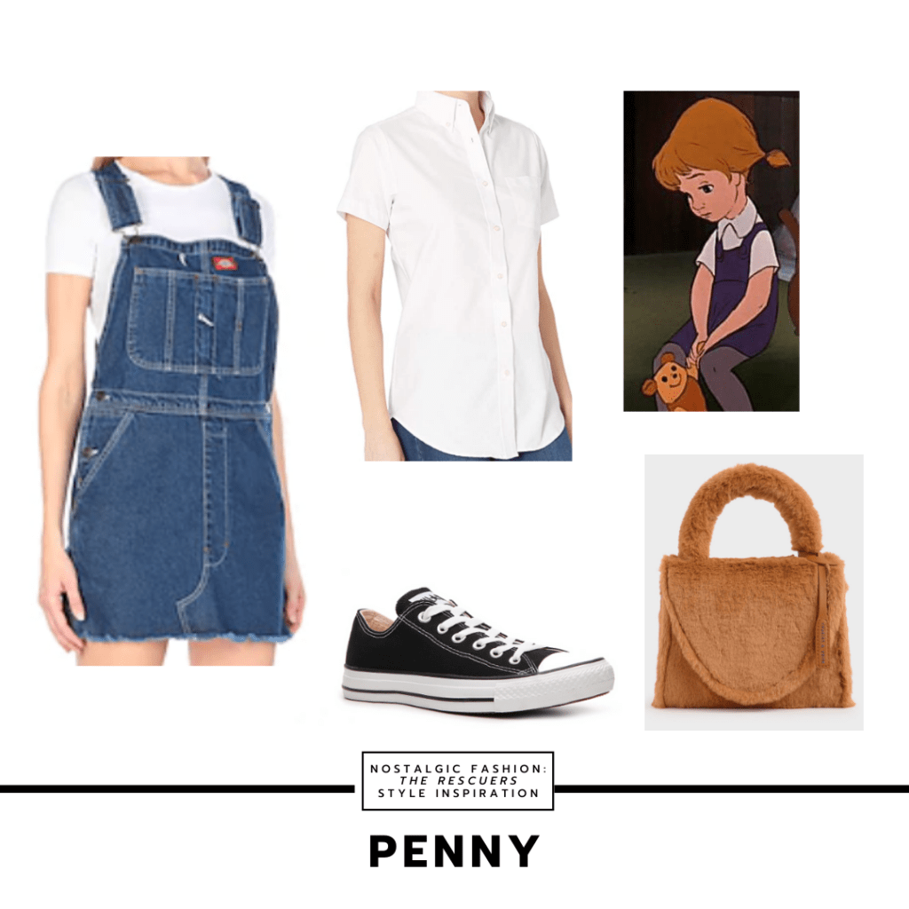 Outfit inspired by Penny from The Rescuers with white shirt, short overalls, teddy fur purse, and converse sneakers