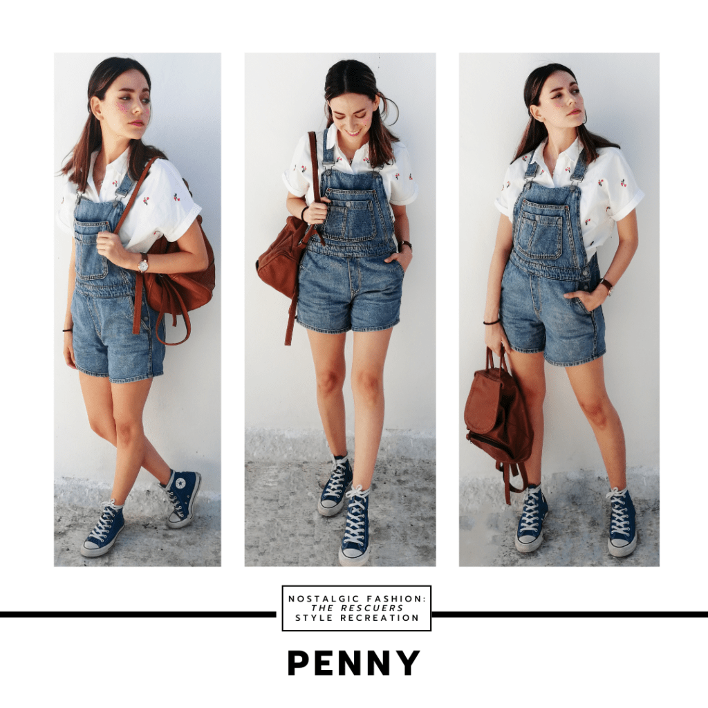 Disneybound outfit inspired by Penny from The Rescuers with denim overalls, white button down shirt, converse sneakers, mini backpack