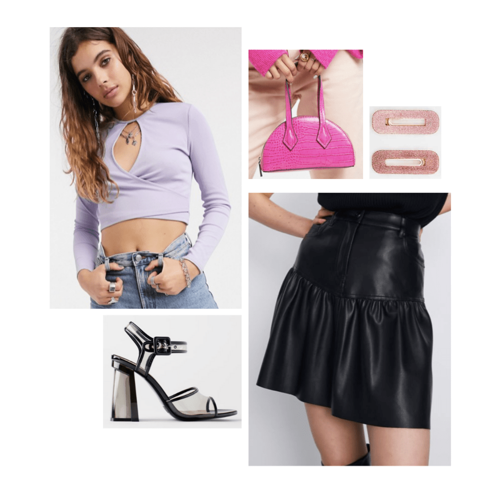 lady gaga chromatica fashion outfit: purple wrap crop top, black leather skirt, lucite chunky heels