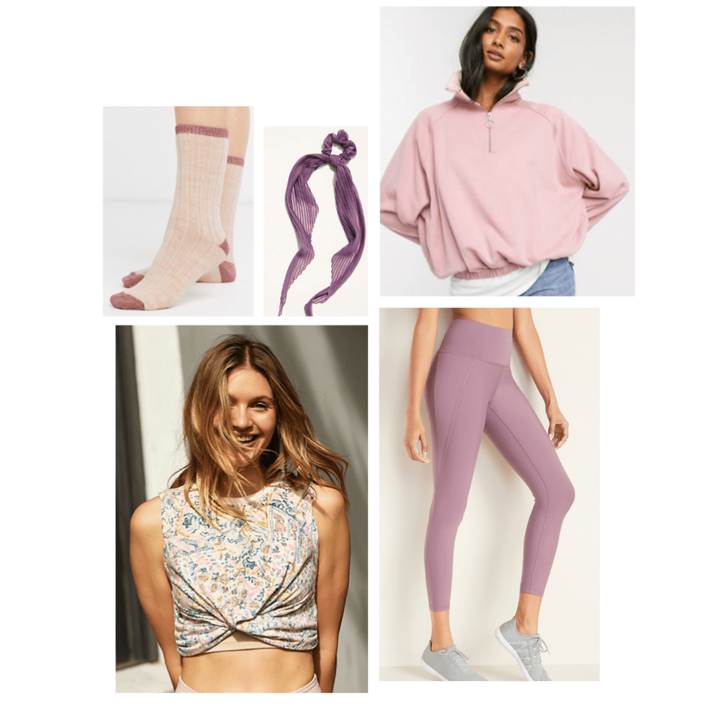 Loungewear look inspired by Disney Princess Rapunzel: pink pullover, mauve leggings, floral print crop top