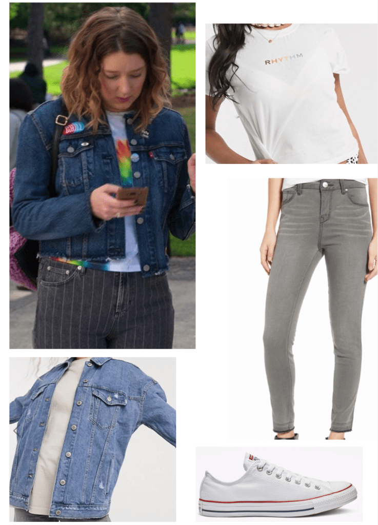 Insatiable TV show fashion - outfit inspired by Nonnie with gray jeans, a denim jacket, and Converse sneakers