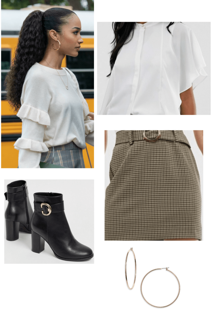 Insatiable fashion: outfits inspired by insatiable -- Magnolia outfit with white top, tweed skirt, ankle boots, hoop earrings