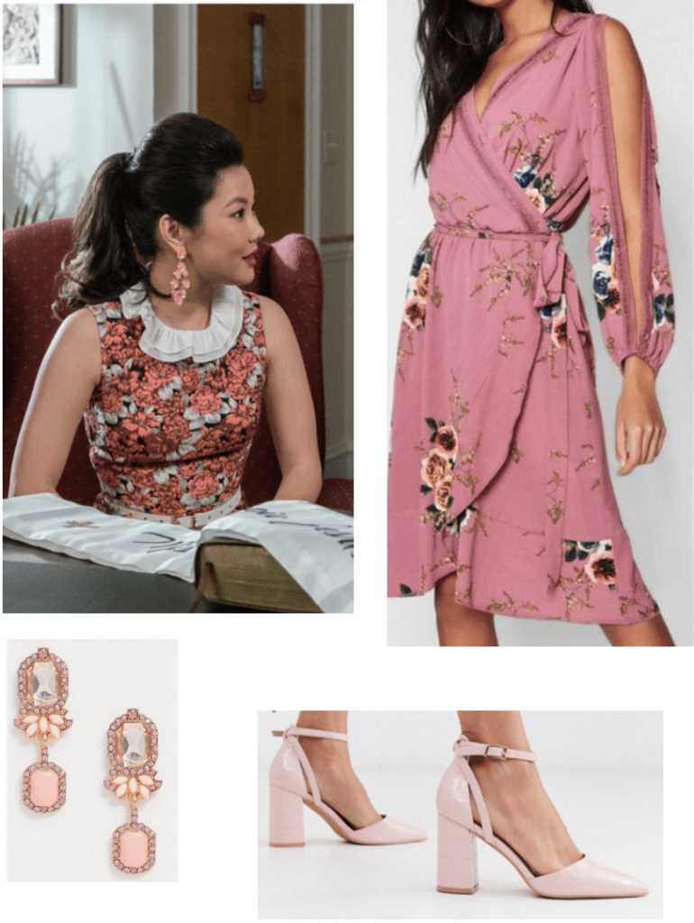 Dixie Sinclair outfit - Insatiable fashion guide. Outfit set inspired by Dixie's style with floral dress, pink high heels, and statement earrings