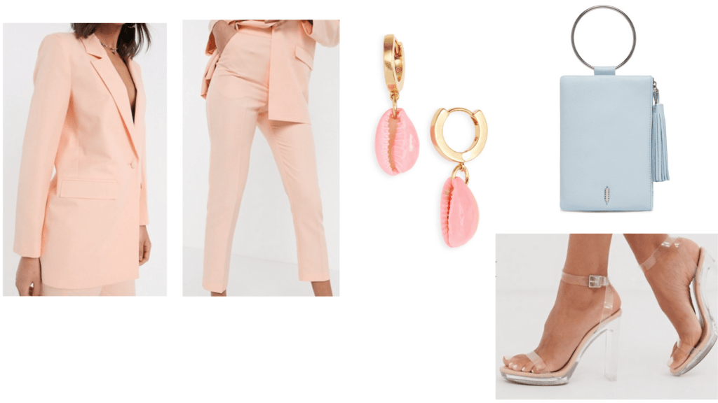 Pastel fashion guide: Pastel power suit outfit idea with pink suit, clear heels, light blue mini bag, shell earrings