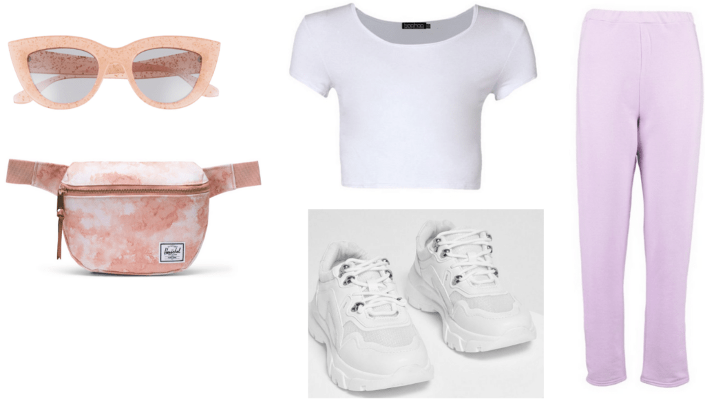 Pastel outfit idea with pink pastel joggers, white crop top, dad sneakers, light pink fanny pack, light pink sunglasses