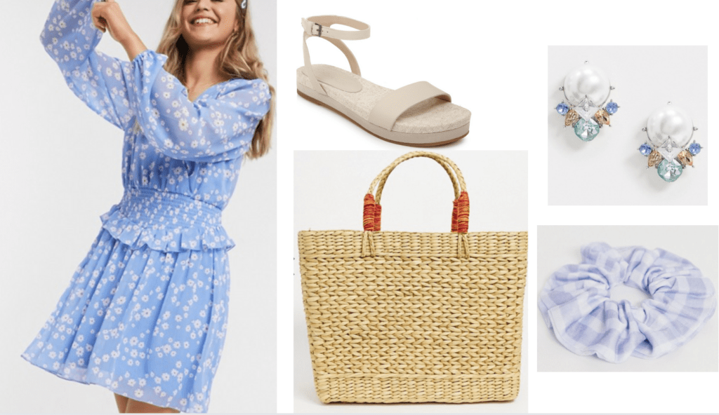 How to wear pastel fashion trend: Outfit idea with pastel dress, chunky sandals, statement earrings, woven bag, gingham scrunchie