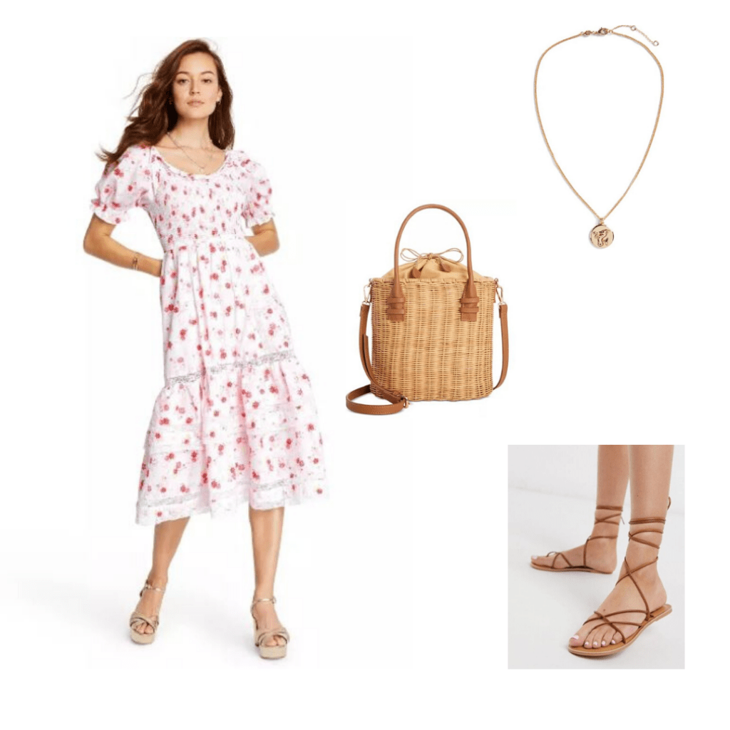 Smocked clothing: TargetXLoveShackFancy smocked floral dress, basket bag, strappy brown sandals and dainty zodiac necklace