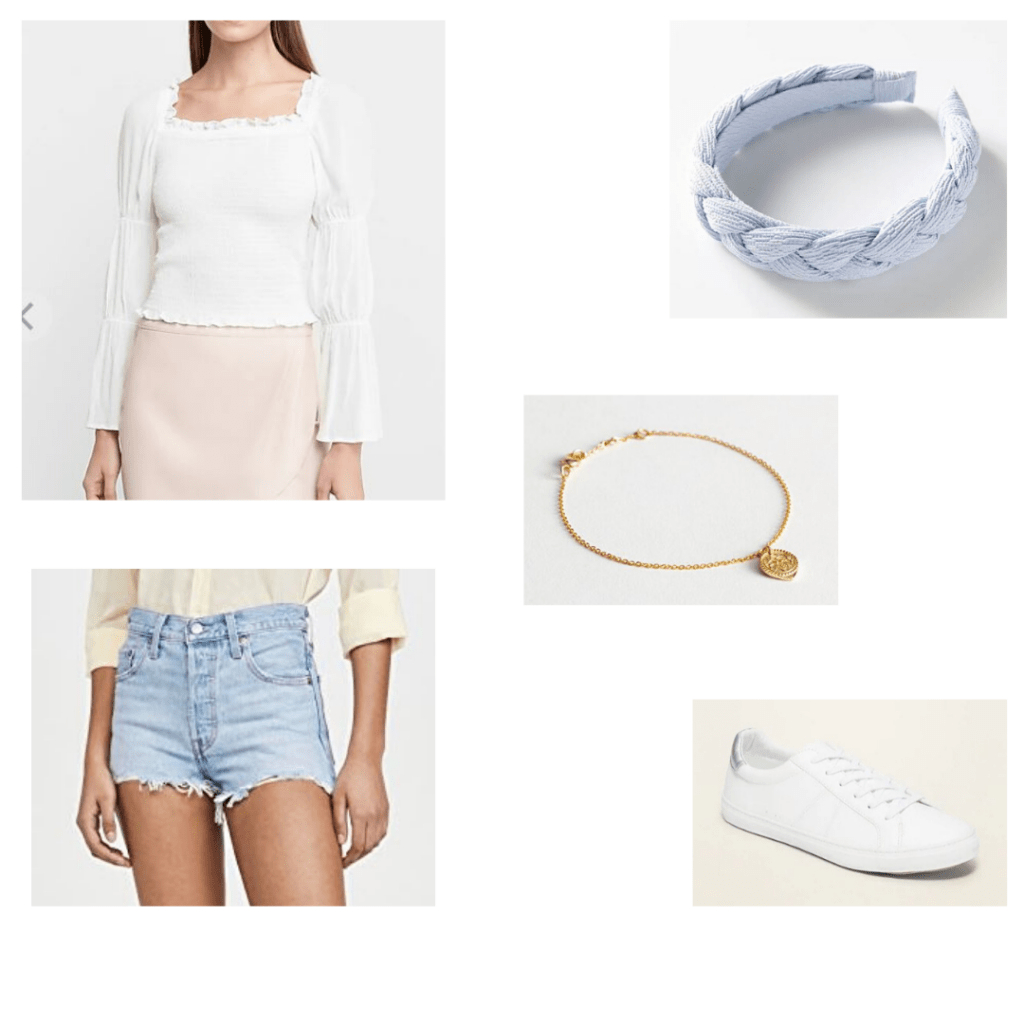 White smocked Express top, light denim Levi shorts, Urban outfitter headband, dainty bracelet and faux leather sneakers