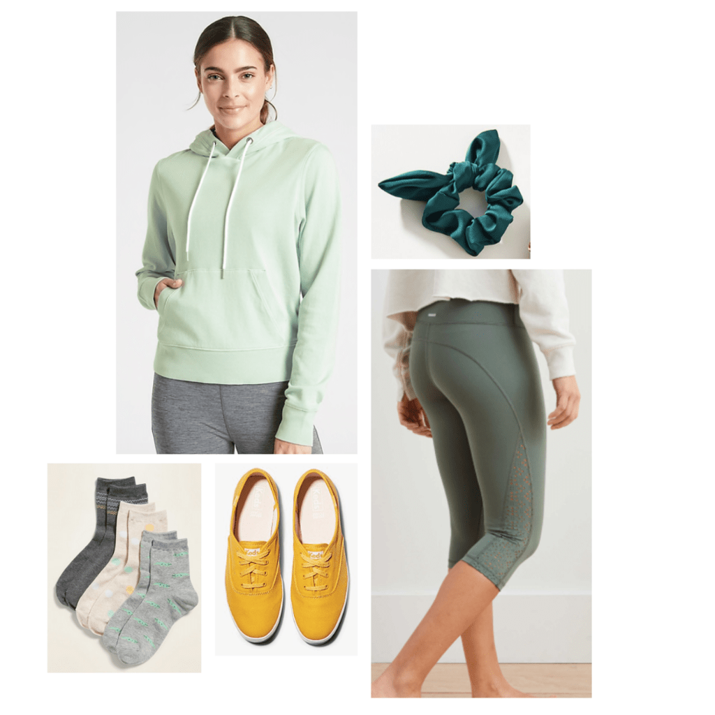 Loungewear look inspired by Disney princess Tiana: mint green hoodie, hunter green capri leggings, yellow sneakers