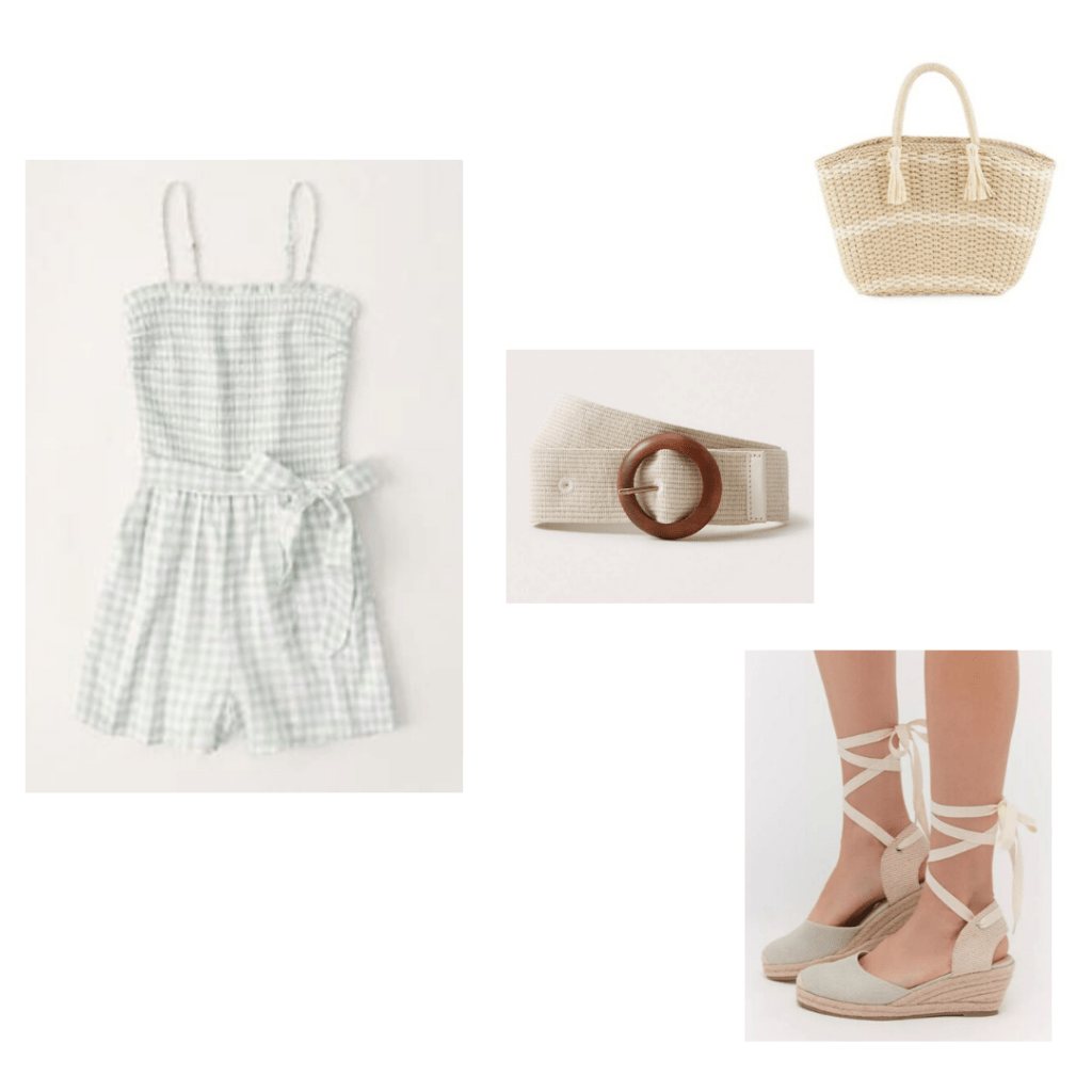 A&F Smocked romper, wicker tote bag, woven belt, blue canvas espadrille wedges