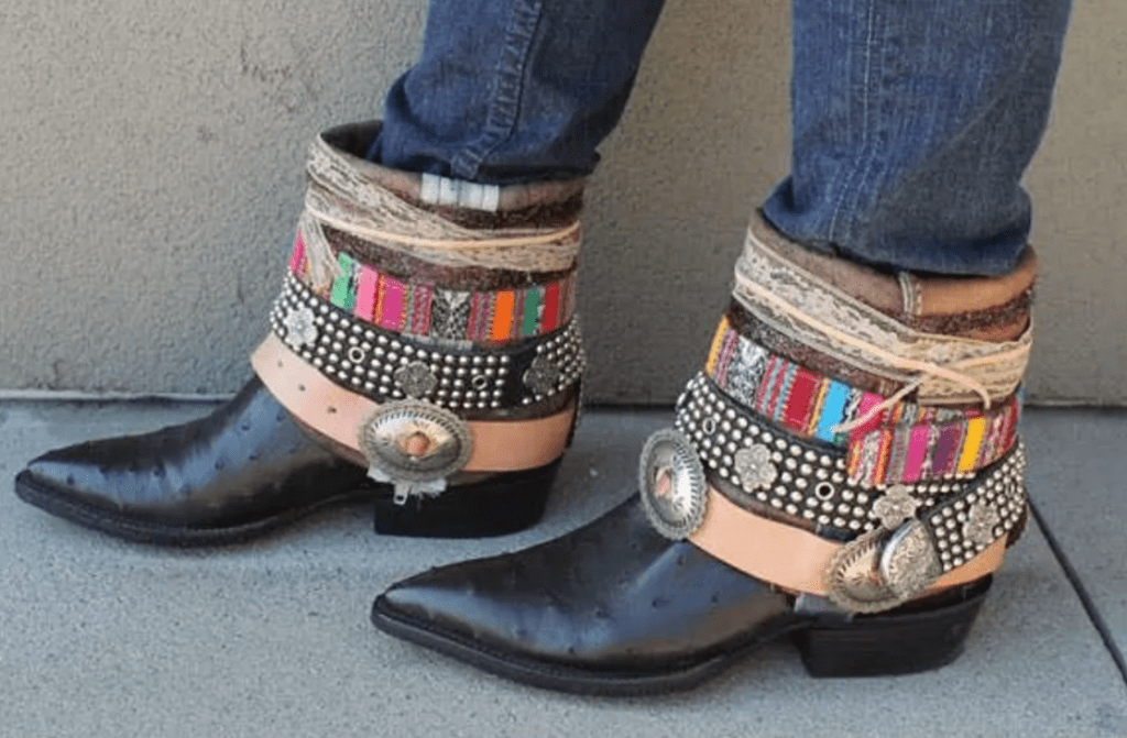 bohemian black boots with stacked multicolored belts