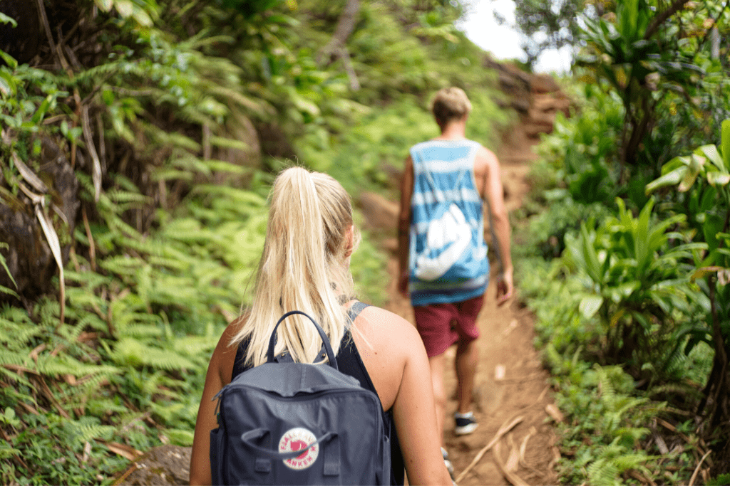 College students hiking up a mountain