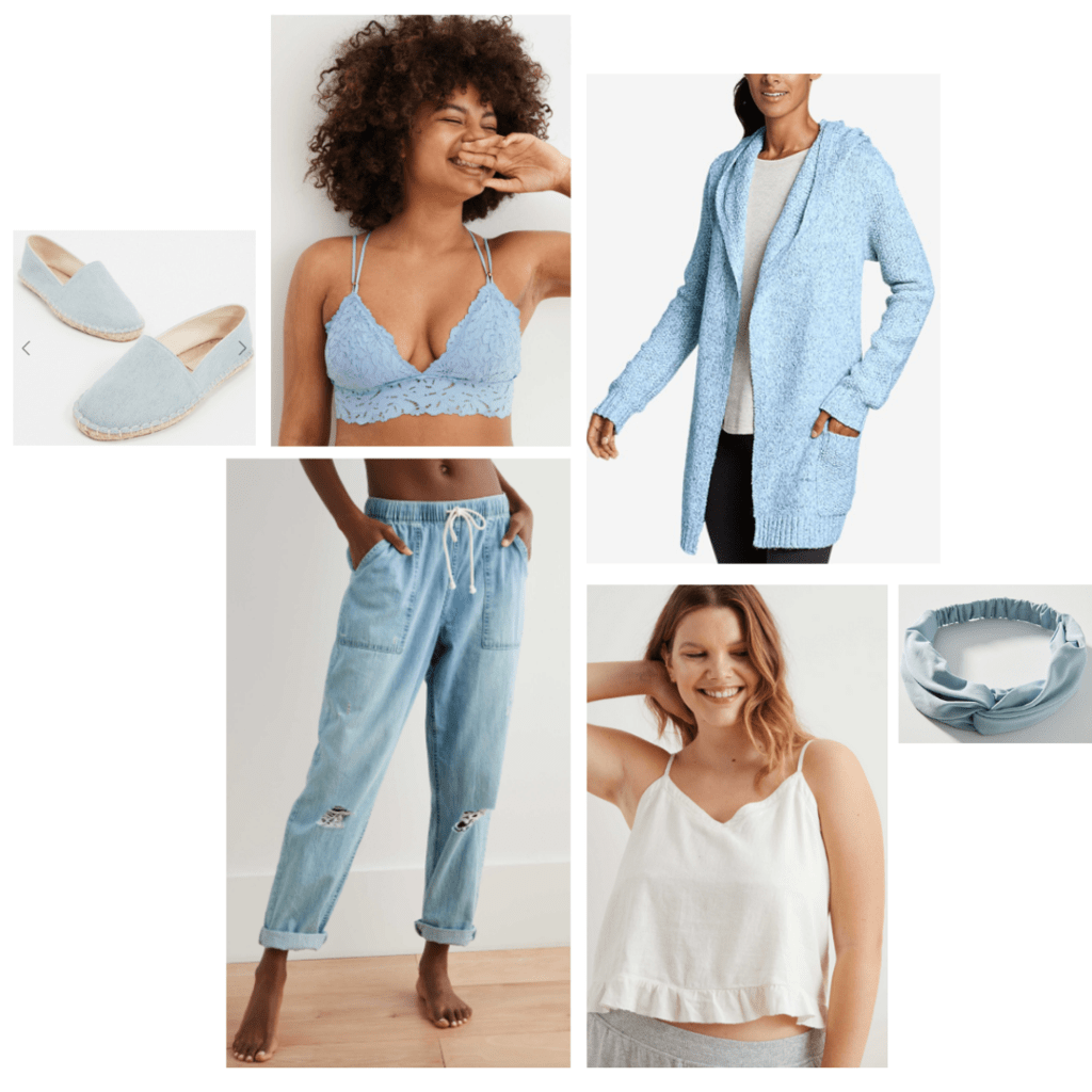 Loungewear look inspired by Disney Princess Elsa: white camisole, longline blue cardigan, slouchy denim jogger pants