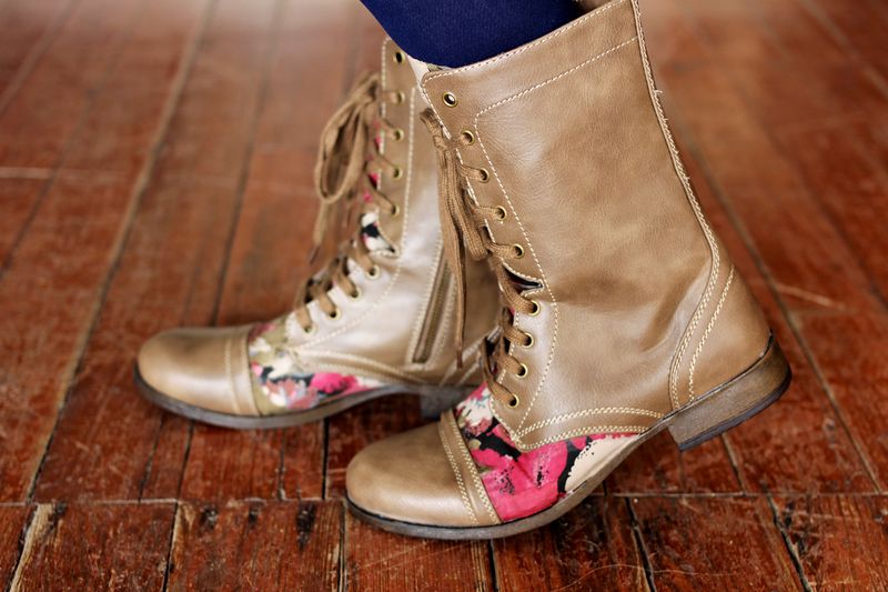 brown combat boots with pink flower details