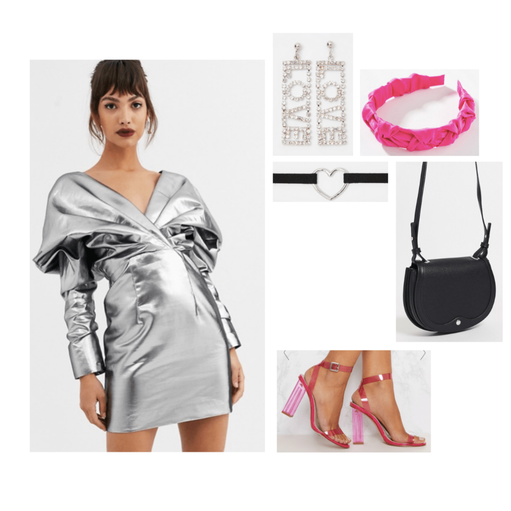 lady gaga chromatica fashion outfit: silver dress, pink heels, pink headband