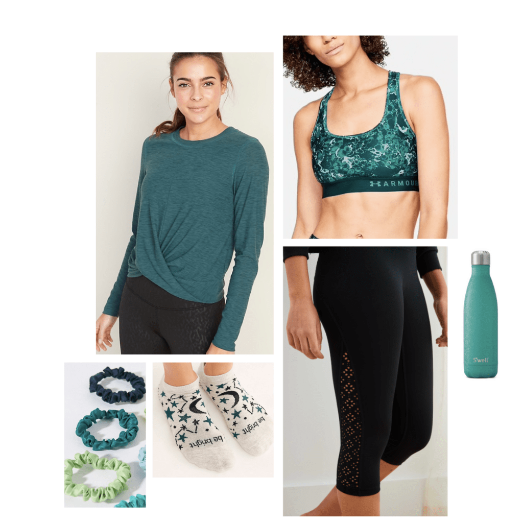 Activewear outfit inspired by Mantis: long-sleeve blue-green shirt, patterned green sports bra, black leggings, patterned socks