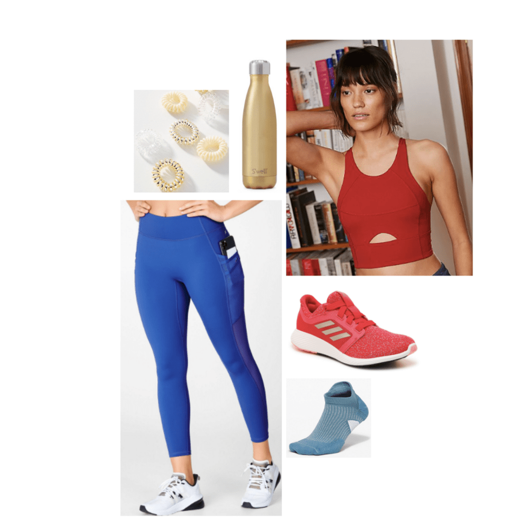 Captain Marvel inspired athleticwear look: red long-line crop top with cutout, blue leggings, red sneakers