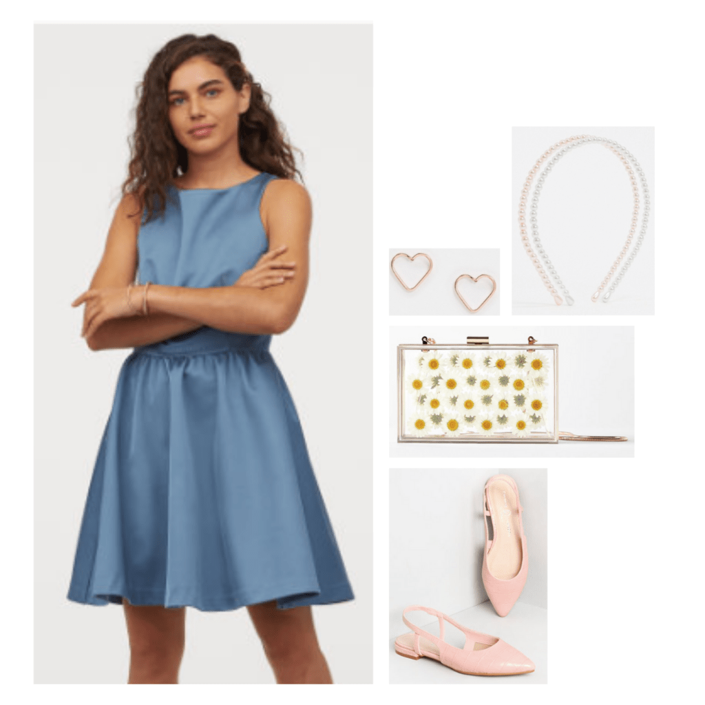 Outfit inspired by The Great: blue a-line dress, pastel pink pointed toe flat mules, dainty gold jewelry, daisy clear purse.