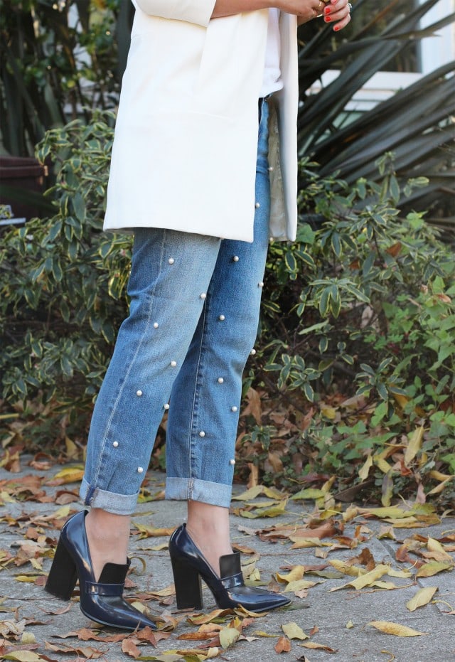 Upcycling clothes ideas: jeans with pearl beads black shoes and white coat